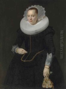 Portrait Of A Lady, Three-quarter-length, In A Black Embroidered Dress, Ruff And Lace Cuffs, Holding A Pair Of Embroidered Gloves by Nicolaes Eliasz Pickenoy
