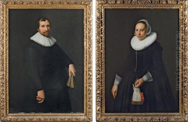 Portrait D'homme De Trois-quarts Vers La Gauche, En Habit Noir Et Collerette, Tenant Des Gants Dans La Main Gauche (+ Portrait De Jeune Femme De Trois-quarts Vers La Droite, Coiffee D'un Bonnet De Dentelle Et Portant Une Large Fraise Tuyautee Sur Une Robe - view 1