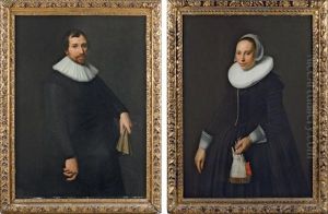 Portrait D'homme De Trois-quarts Vers La Gauche, En Habit Noir Et Collerette, Tenant Des Gants Dans La Main Gauche (+ Portrait De Jeune Femme De Trois-quarts Vers La Droite, Coiffee D'un Bonnet De Dentelle Et Portant Une Large Fraise Tuyautee Sur Une Robe by Nicolaes Eliasz Pickenoy