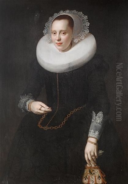 Portrait Of A Lady, Standing In A Black Dress And White Collar, Holding A Glove - view 1