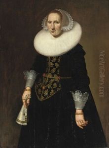Portrait Of A Lady,  In A Gold Embroidered Black Dress With Lace Cuffs And A Molensteenkraag