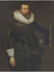 Portrait Of A Gentleman, Three-quarter-length, Standing In A Black Costume With A Lace Ruff, A Sword By His Side