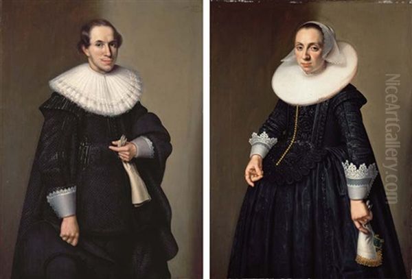 Portrait Of A Gentleman, In A Ruff Collar And Black Silk Doublet With Lace-trimmed Cuffs, (+ Portrait Of A Lady, In A Black Silk Dress With A Brocade Bodice With Gold Buttons; Pair) - view 1