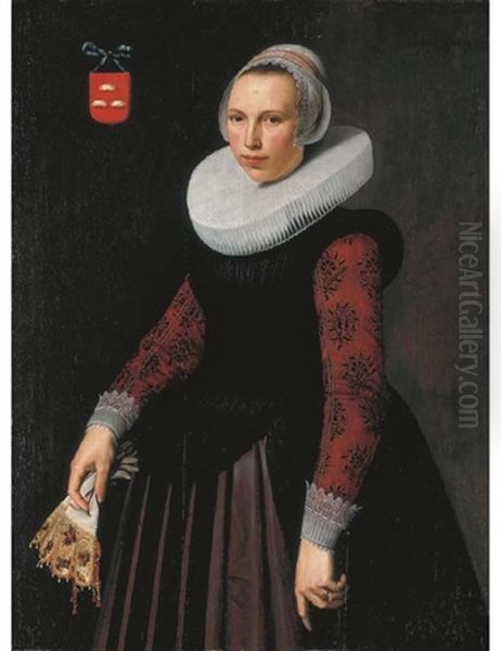 Portrait Of A Lady, Alijdt Fransdr. Boon (?), In A Dress With A Black Velvet Bodice, Red Silk Sleeves And White Lace Cuffs, A White Pleated Molenkraag And A Lace Bonnet - view 1