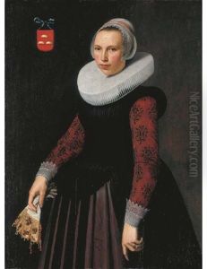 Portrait Of A Lady, Alijdt Fransdr. Boon (?), In A Dress With A Black Velvet Bodice, Red Silk Sleeves And White Lace Cuffs, A White Pleated Molenkraag And A Lace Bonnet by Nicolaes Eliasz Pickenoy