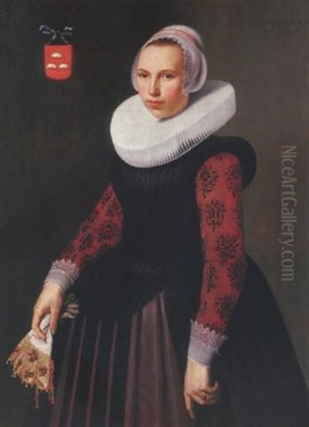 Portrait Of A Lady (alijdt Fransdr. Boon?), In A Dress With A Black Velvet Bodice, Red Silk Sleeves And White Lace Cuffs, A White Pleated Molenkraag And A Lace Bonnet, A Pair Of Gloves In Her Hand - view 1