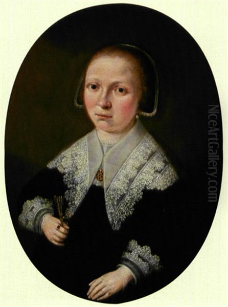 Portraet Af Een Heer Med Sort Hat Og Hvid Blondekrave, Holdende Et Brev (+ Portraet Af Een Dame I Sort Kjole Med Blondekrave Og Broche, Holdende En Vifte; Pair) - view 1