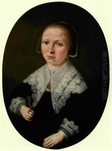 Portraet Af Een Heer Med Sort Hat Og Hvid Blondekrave, Holdende Et Brev (+ Portraet Af Een Dame I Sort Kjole Med Blondekrave Og Broche, Holdende En Vifte; Pair) by Nicolaes Eliasz Pickenoy