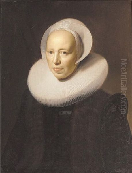 Portrait Of A Lady In A Fur Trimmed Black Dress With A Ruff And A White Cap - view 1