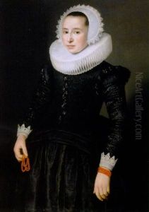 Portrait Of A Young Lady Wearing A Black Dress With Lace Cuffs And Molenkraag, Lace Bonnet And Red Corals In Her Right Hand by Nicolaes Eliasz Pickenoy