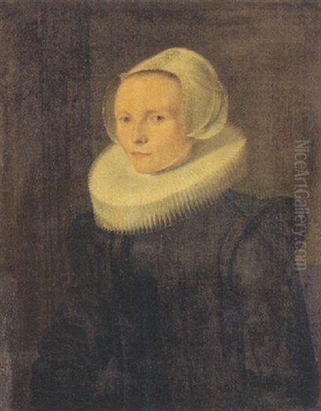 Portrait Of A Woman Wearing A Black Dress, Molenkraag And Lace Bonnet - view 1