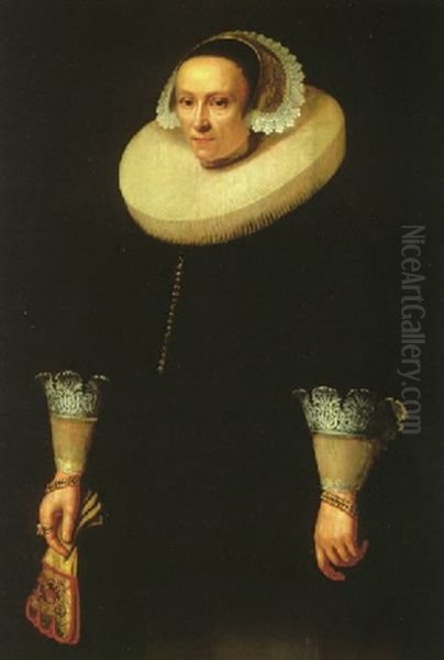 Portrait Of A Lady Wearing A Black Embroidered Dress, A White Ruff And A Lace Bonnet, Holding A Pair Of Gloves - view 1