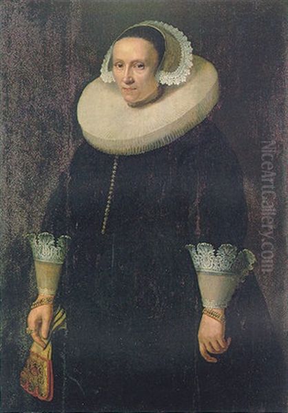 Portrait Of A Lady, Wearing A Black Embroidered Dress, A White Ruff And A Lace Bonnet, Holding A Pair Of Gloves - view 1