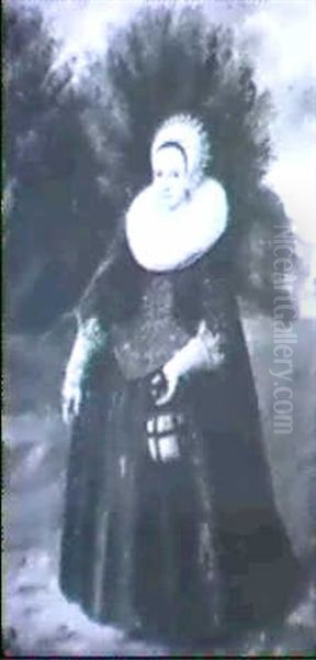 Portrait Of A Lady, Standing Small Full Length In A Black Dress With Lace Cuffs And A Ruff, On A Track - view 1