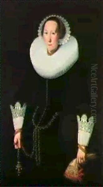 Portrait Of A Lady, Standing Three-quarter Length, Wearing  An Elaborate Black Costume Andholding A Pair Of Gloves - view 1