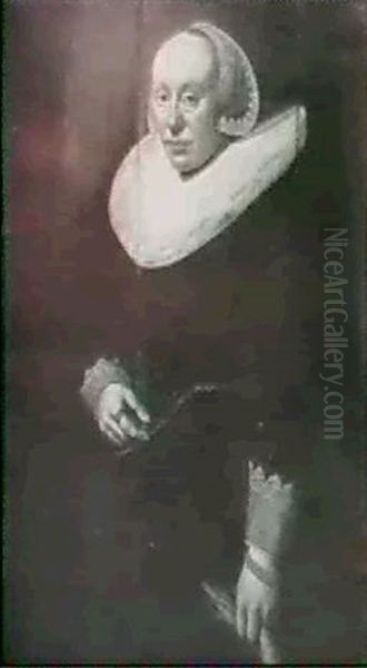 Portrait Of A Lady, Standing Three-quarter Length, Wearing Black Dress With A White Ruff & Holding A Pair Of Gloves - view 1