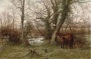 A Mare And Foul In A Paddock Beside A Stream