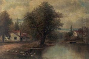 Spring Landscape With Cottages And Geese