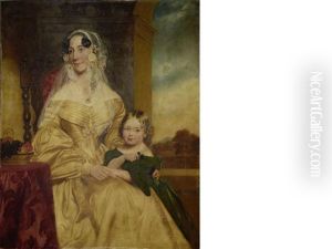 Portrait Of A Lady, Thought To Be Lady Anne Clegg-hill, In A Gold Dress, With Her Unbreeched Son, Later The 3rd Viscount Hill, By Her Side by Henry William Pickersgill