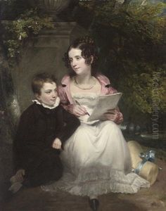 Portrait Of A Brother And Sister, She In A White Dress And Pearl Necklace, He In A Black Suit, Seated By A Plinth