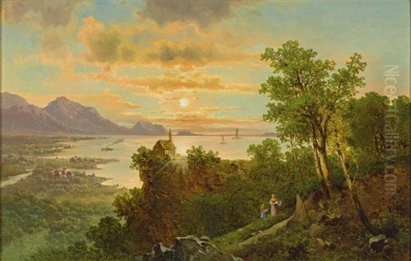 Sonnenaufgang Bei Bregenz Vorarlberg. Blick Vom Pfander Uber Den Gebhardsberg Mit Kapelle Auf Den Abendlichen Bodensee - view 1