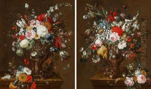 Zwei Gemalde: Grose Blumenstilllen Mit Insekten Und Schmetterlingen