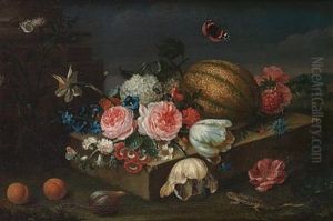 Roses, Carnations, Narcissi, Convolvulus, Tulip And Other Flowers With A Melon On A Stone Ledge With A Fig And Two Peaches, A Lizard And Butterflies by Heinrich Christoph Pickhardt