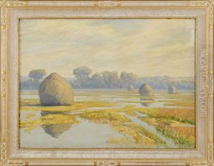 Marsh With Haystacks. Trees In The Distance Marsh With Haystacks. Trees In The Distance