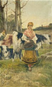 Paisaje Con Lecheras Y Vacas by Manuel Picolo Y Lopez
