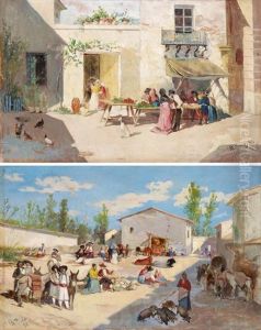 Gegenstucke Mercado De Valencia Und Pareja, Place De Ariella (pair) by Manuel Picolo Y Lopez