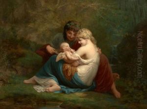 Jeune Couple Drape A L'antique Bercant Un Amour Dans Un Sous-bois