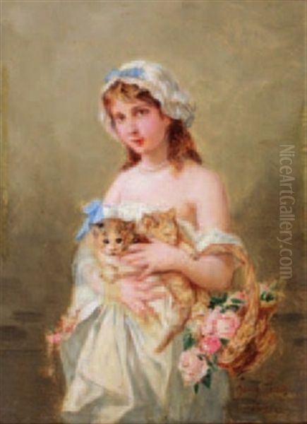 Jeune Fille Aux Chatons Et Au Panier De Roses - view 1