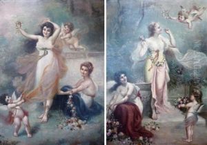 Jeunes Filles Aux Fleurs (+ Putti; 2 Works) by Henri Pierre Picou