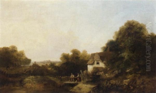 An Angler On A Bridge Before A Cottage - view 1