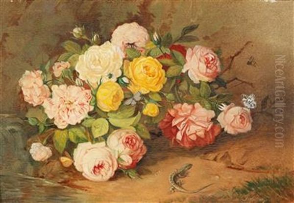 Roses On The Forest Floor With Lizard And Butterfly - view 1