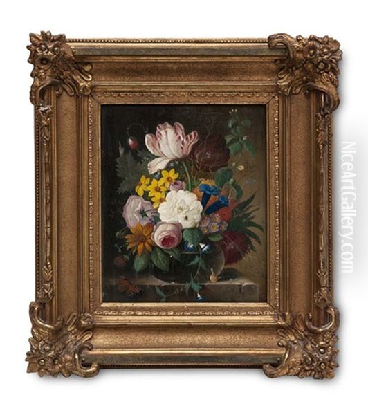 Blumenstillleben Mit Tulpen, Rosen Und Narzissen In Glaserner Vase - view 1