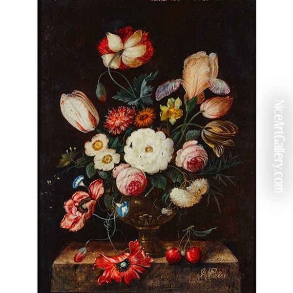 Stillleben Mit Blumenstrauss Und Kirschenpaar - view 1