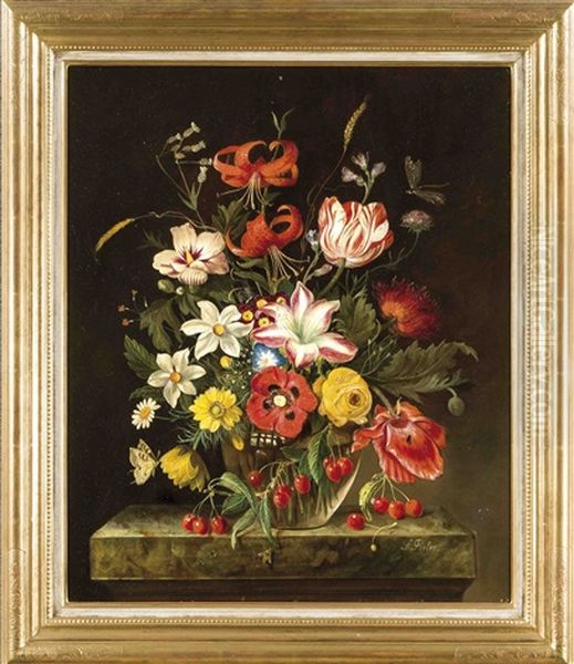 Blumenbouquet Mit Einer Asuwahl Exotischer Blumen, Diversen Insekten U. Kirschen Uber Einem Trompe-l'oeil Sockel - view 1