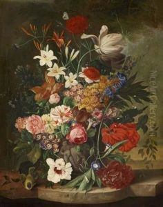 Groses Blumenstillleben Mit Insekten Und Einer Meise