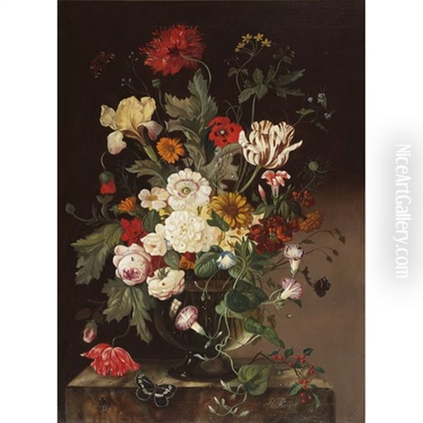 Still Life Of Tulips, Irises, Morning Glories, Passion Flower, Daisies And Other Summer Flowers With Flies, And Butterflies On A Marbled Ledge - view 1