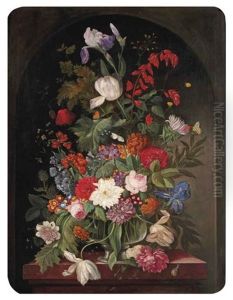 Pink Roses, Peonies, Lilies And Various Other Flowers In A Glass Vase On A Marble Edge In A Stone Ledge Pink Roses, Peonies, Lilies And Various Other Flowers In A Glass Vase On A Marble Edge In A Stone Ledge
