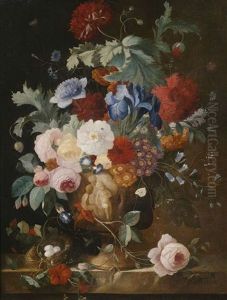 Blumenstilleben- Bunte Blumen In Einer Vase Mit Puttendekor Auf Einem Steinpodest