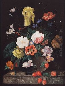 Blumenstilleben Mit Insekten Vor Dunklem Hintergrund by Franz Xaver Pieler