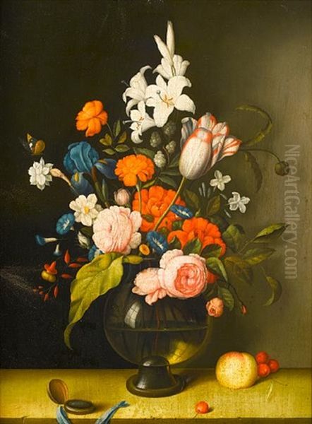 Roses, Lilies, Tulips, An Iris And Other Flowers In A Glass Vase - view 1