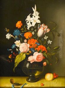Roses, Lilies, Tulips, An Iris And Other Flowers In A Glass Vase by Franz Xaver Pieler