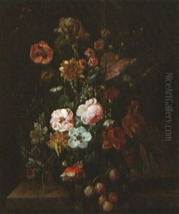 A Monumental Floral Still Life With Butterfly, Dragonfly, And Grasshopper by Franz Xaver Pieler