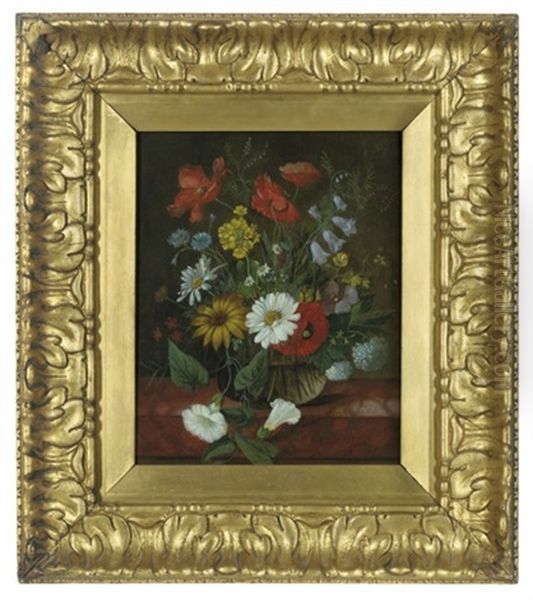 Summer Flowers In A Glass Vase On A Marble Ledge - view 1