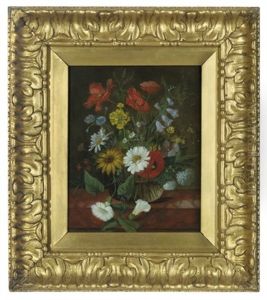 Summer Flowers In A Glass Vase On A Marble Ledge by Franz Xaver Pieler