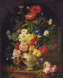 Floral Still Life With Strawberries On A Ledge by Franz Xaver Pieler