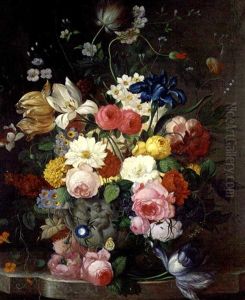Roses, Tulips, Narcissae, Chrysanthemums And Other Summer Blooms In A Classical Urn On A Ledge